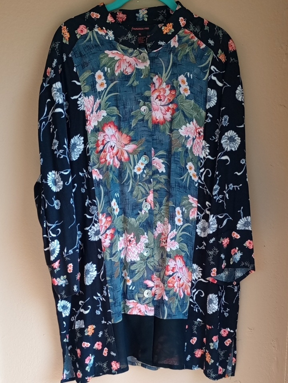 Francesca Rose Floral Asian Inspired Long Line Button Tunic Size XL